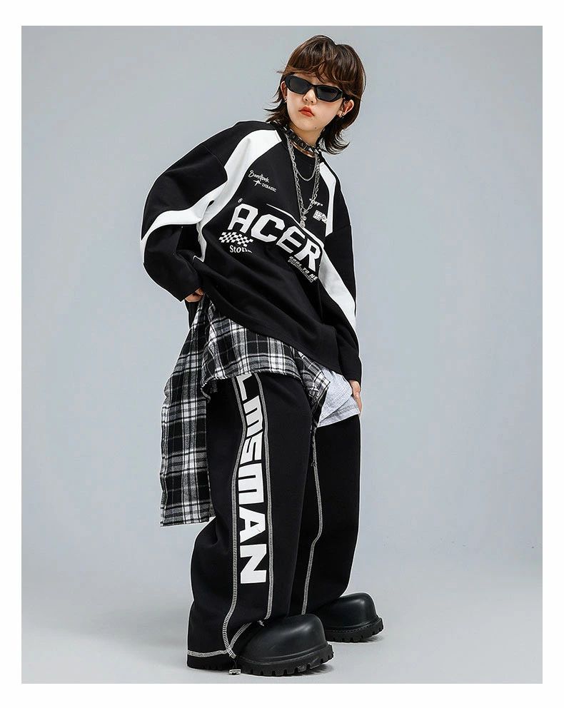 キッズ 子供ダンス衣装 ヒップホップ スポーツウェア 女の子 男の子 セットアップ ジャズダンス ストリート ユニセックス HIPHOP JAZZ ダンスウエア ブラック 上下セット 長袖 トップス ロングパンツ ゆったり かっこいい 原宿系 発表会 演出服 練習服 団体服 110-180cm 2