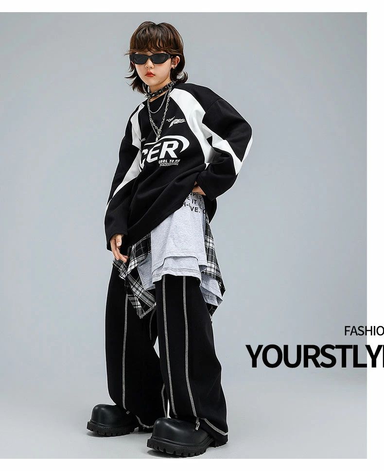 キッズ 子供ダンス衣装 ヒップホップ スポーツウェア 女の子 男の子 セットアップ ジャズダンス ストリート ユニセックス HIPHOP JAZZ ダンスウエア ブラック 上下セット 長袖 トップス ロングパンツ ゆったり かっこいい 原宿系 発表会 演出服 練習服 団体服 110-180cm 3
