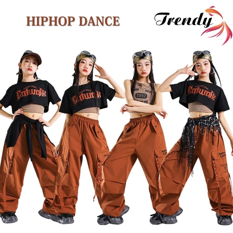 ブラック ブラウン 黒 トップス タンクトップ カーゴパンツ 長パンツ キッズ ダンス セットアップ 韓国 k-pop ヒップホップ 女の子 ギャル かっこいい カジュアル ゆったり キャラメル 半袖 子供服 ステージ衣装 jazz ジャズダンス 団体服 練習着 演出服 原宿系 110-180cm