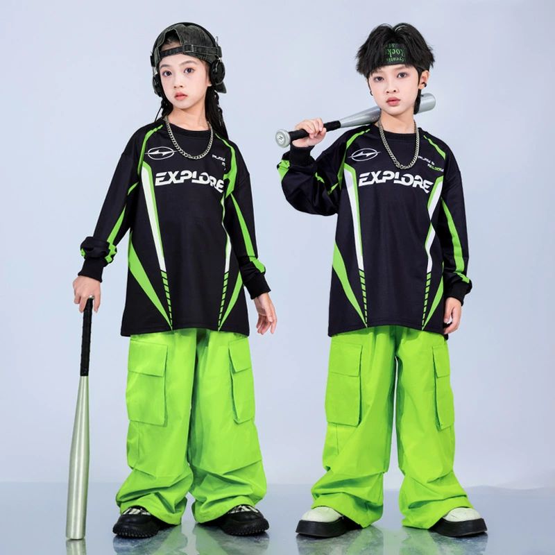 緑 キッズ ダンス衣装 セットアップ グリーン シャツ 長袖 スポーツシャツ 野球 単品 ダンスウェア 女の子 男の子 ジュニア ヒップホップ HIPHOP ブラック カーゴパンツ 上下セット おしゃれ 子供服 カジュアル 普段着 演出服 団体服 発表会 練習着 ステージ衣装 ストリート 2