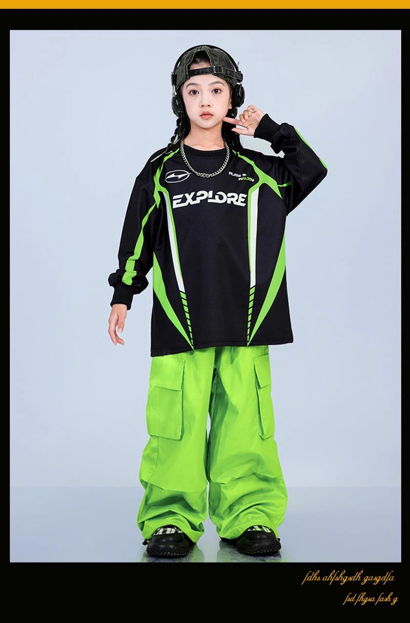 緑 キッズ ダンス衣装 セットアップ グリーン シャツ 長袖 スポーツシャツ 野球 単品 ダンスウェア 女の子 男の子 ジュニア ヒップホップ HIPHOP ブラック カーゴパンツ 上下セット おしゃれ 子供服 カジュアル 普段着 演出服 団体服 発表会 練習着 ステージ衣装 ストリート 3