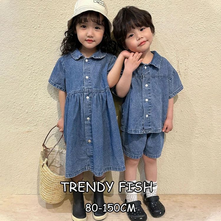 【クーポンで10％オフ】キッズ ワンピース セットアップ 半袖 夏 子供服 女の子 男の子 おしゃれ 韓国子ども服 Tシャツ デニムパンツ ジュニア ベビー服 トップス ボトムス 入学 入園 かわいい 150cm 140 130 120 110 誕生日 プレゼント シンプル 姉妹 双子
