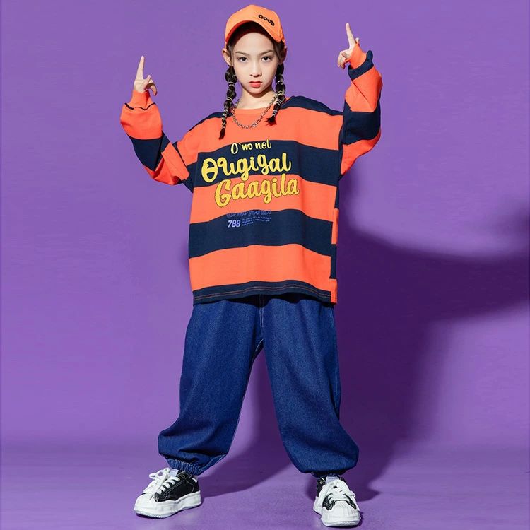 【クーポンで10％オフ】キッズ ダンス 衣装 長袖 シャツ ロングパンツ デニムパンツ ジーンズ ジーパン 女の子 男の子 オレンジ イエロー ブルー ボーダー柄 単品orセットアップ ジャズ ロック ダンス衣装 ゆったり目 ダボダボ ステージ衣装 110 120 130 140 150 160 170 180 3