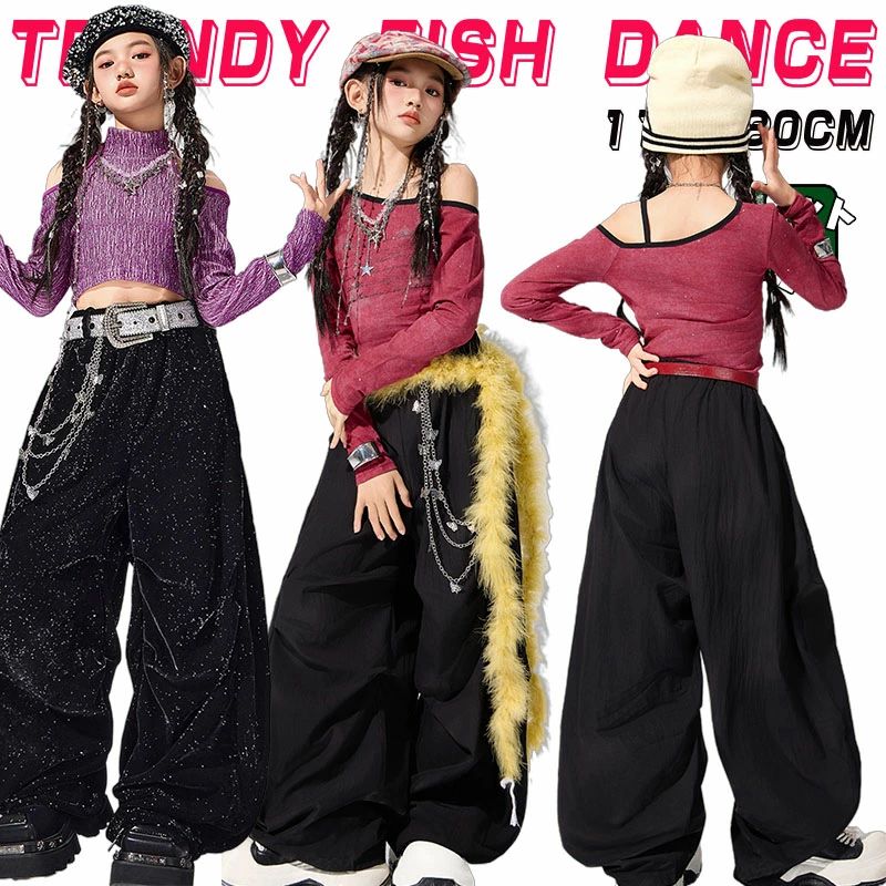 【2タイプ】ガールズ レッド パープル トップス へそ出し 肩出し キッズ ダンス衣装 セットアップ ピカ..