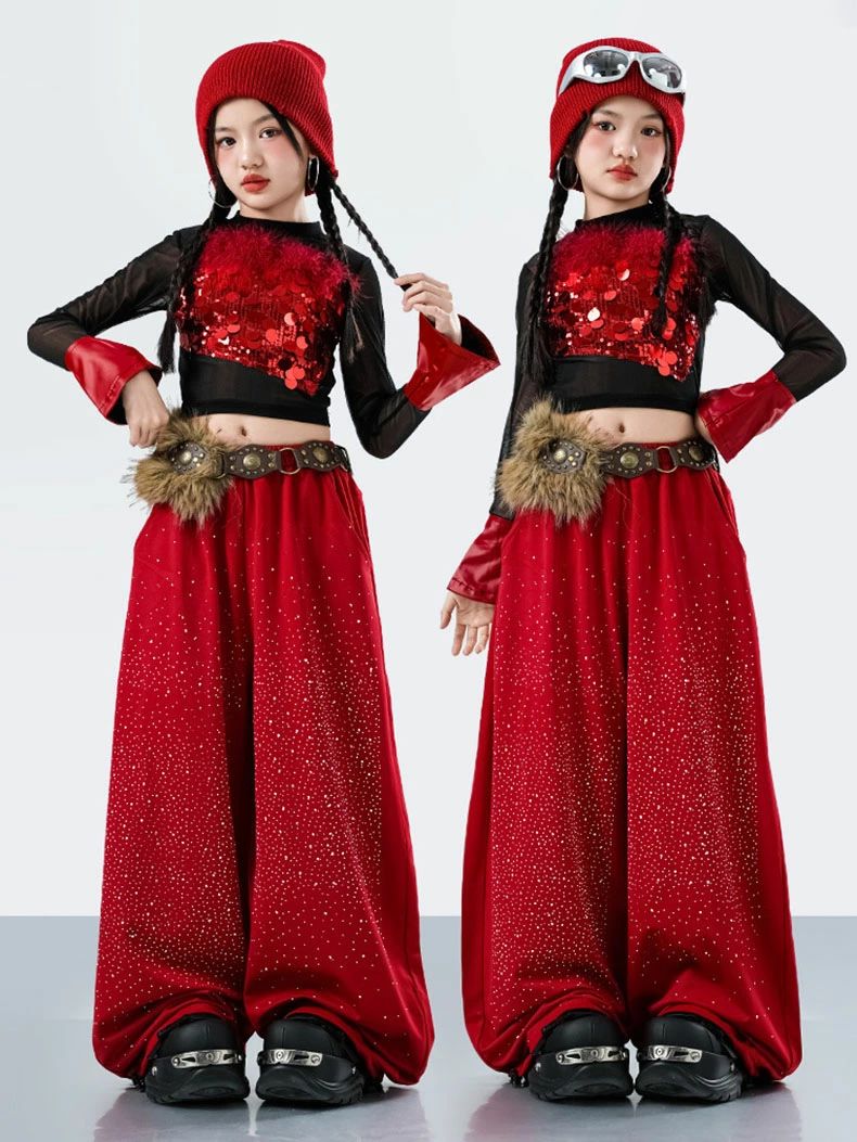 女の子 キラキラ 赤 ダンス衣装 キッズ セットアップ K-POP 韓国 ガールズ ヒップホップ 衣装 赤 黒 シースルー キラキラ スパンコール トップス メッシュトップス ワイドパンツ ダンスウェア 個性的 HIPHOP Y2K チーム衣装 ヤンキー風 ジャズ ヒップホップ 子供服 ベルト 2