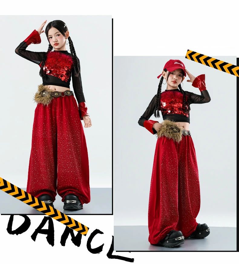 女の子 キラキラ 赤 ダンス衣装 キッズ セットアップ K-POP 韓国 ガールズ ヒップホップ 衣装 赤 黒 シースルー キラキラ スパンコール トップス メッシュトップス ワイドパンツ ダンスウェア 個性的 HIPHOP Y2K チーム衣装 ヤンキー風 ジャズ ヒップホップ 子供服 ベルト 3