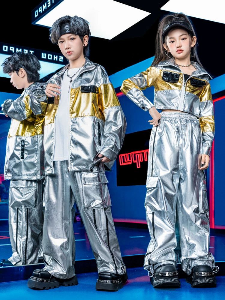 光沢 銀色 シルバー ジャケット インナー パンツ カーゴパンツ ヘソ出し 長袖 キッズ ダンス セットアップ 韓国 k-pop ヒップホップ 男の子 女の子 ギャル アイドル かっこいい カジュアル 子供服 ステージ衣装 jazz ジャズダンス 団体服 練習着 演出服 原宿系 110-180cm 2