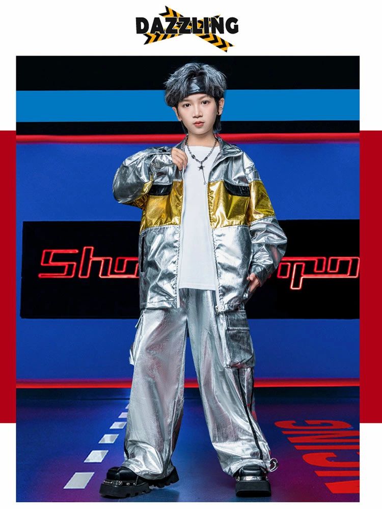光沢 銀色 シルバー ジャケット インナー パンツ カーゴパンツ ヘソ出し 長袖 キッズ ダンス セットアップ 韓国 k-pop ヒップホップ 男の子 女の子 ギャル アイドル かっこいい カジュアル 子供服 ステージ衣装 jazz ジャズダンス 団体服 練習着 演出服 原宿系 110-180cm 3