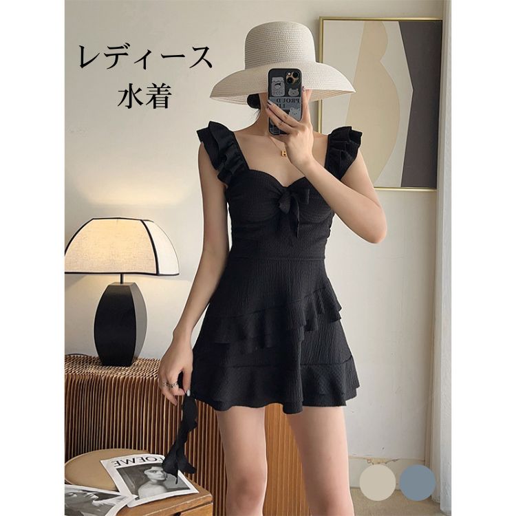 Two-Piece - ホワイト ブルー ブラック 水着 レディース ワンピース スイムウェア ギャル フリル オトナ女子 水陸両用 細見え 水泳 スイミング 着痩せ かわいい 大学生 20代 30代 おしゃれ きれいめ 体型カバー 露出控えめ シンプル 太もも お尻 お腹