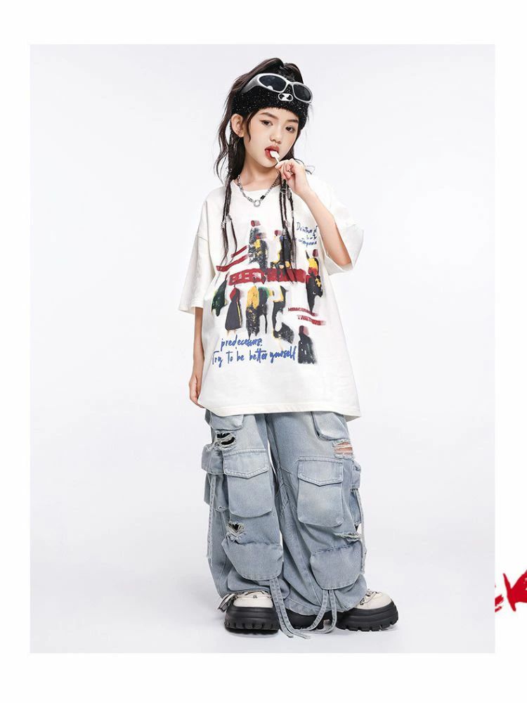 デニムスーツ キッズ ダンス衣装 単品 セットアップ 女の子 ネックレス ステージ衣装 トップス デニム デニムパンツ 長袖 HIPHOP 子供服 ヒップホップ 女の子 カジュアル ジャズダンス ダンスウェア 団体服 発表会 舞台服 演出服 発表会 練習着 K-POP 110-180cm 2