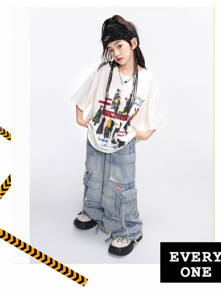 デニムスーツ キッズ ダンス衣装 単品 セットアップ 女の子 ネックレス ステージ衣装 トップス デニム デニムパンツ 長袖 HIPHOP 子供服 ヒップホップ 女の子 カジュアル ジャズダンス ダンスウェア 団体服 発表会 舞台服 演出服 発表会 練習着 K-POP 110-180cm 3