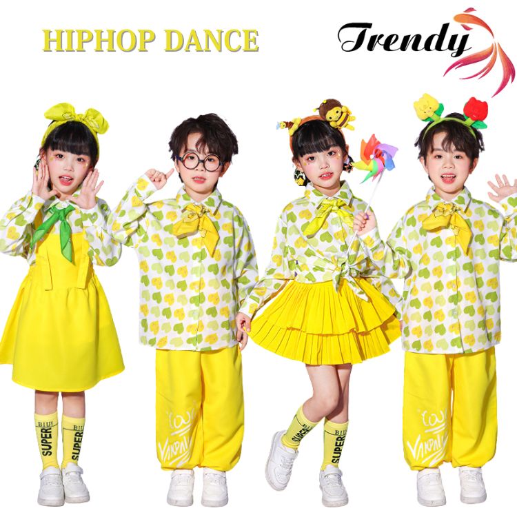 黄色 イエロー トップス シャツ ハート柄 長パンツ スカート サロペットスカート キッズ ダンス セットアップ 韓国 k-pop ヒップホップ 男の子 女の子 ギャル アイドル かっこいい 長袖 子供服 ステージ衣装 jazz ジャズダンス 団体服 練習着 演出服 原宿系 110-180cm