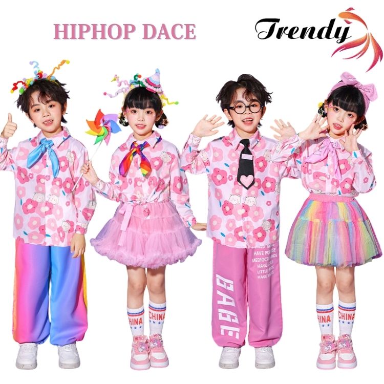 Rakuten - ピンク トップス シャツ 花柄シャツ 長パンツ スカート チュールスカート カラフル キッズ ダンス セットアップ 韓国 k-pop ヒップホップ 男の子 女の子 ギャル かっこいい カジュアル 子供服 ステージ衣装 jazz ジャズダンス 団体服 個性派 練習着 演出服 原宿系 110-180cm