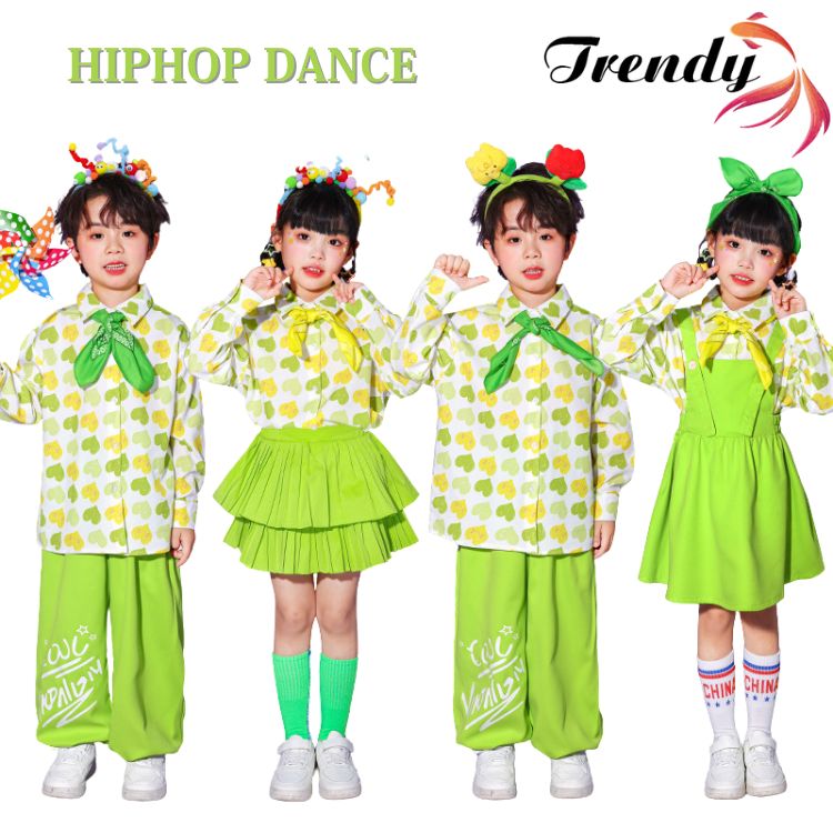 蛍光緑 グリーン トップス シャツ ハート柄 長パンツ スカート サロペットスカート キッズ ダンス セットアップ 韓国 k-pop ヒップホップ 男の子 女の子 ギャル アイドル かっこいい 長袖 子供服 ステージ衣装 jazz ジャズダンス 団体服 練習着 演出服 原宿系 110-180cm