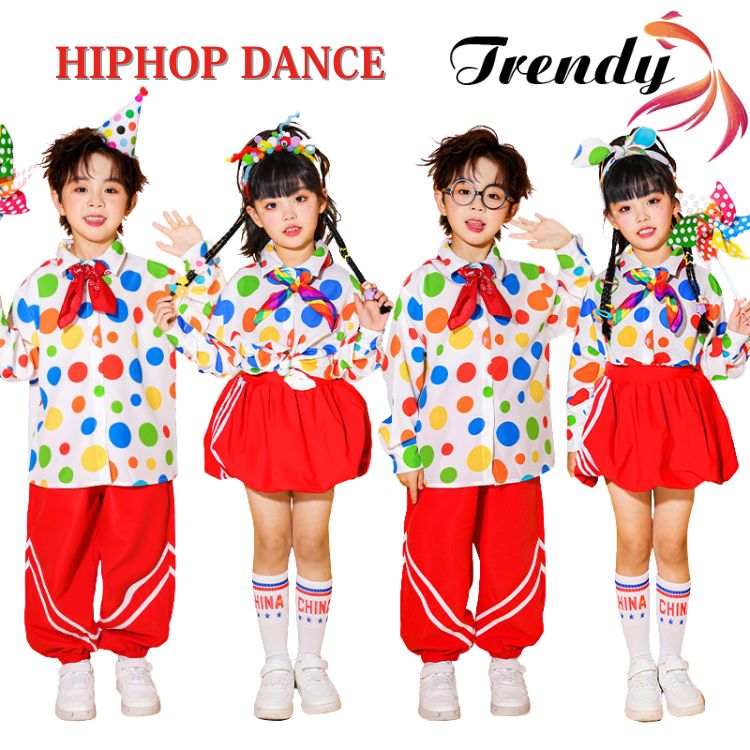 赤 白 レッド トップス シャツ ドット柄 柄シャツ 長パンツ スカート バルーンスカート キッズ ダンス セットアップ 韓国 k-pop ヒップホップ 男の子 女の子 ギャル アイドル かっこいい 長袖 子供服 ステージ衣装 jazz ジャズダンス 団体服 練習着 演出服 原宿系 110-180cm