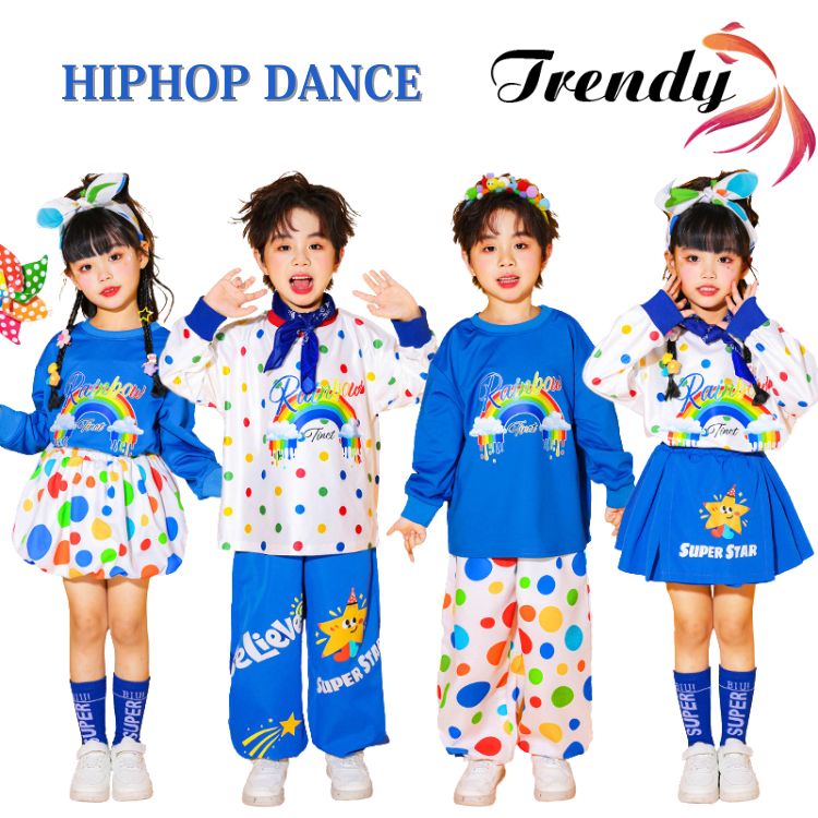 青色 白 ブルー トップス ドット柄 星柄 虹柄 長パンツ スカート バルーンスカート キッズ ダンス セットアップ 韓国 k-pop ヒップホップ 男の子 女の子 ギャル アイドル かっこいい 長袖 子供服 ステージ衣装 jazz ジャズダンス 団体服 練習着 演出服 原宿系 110-180cm