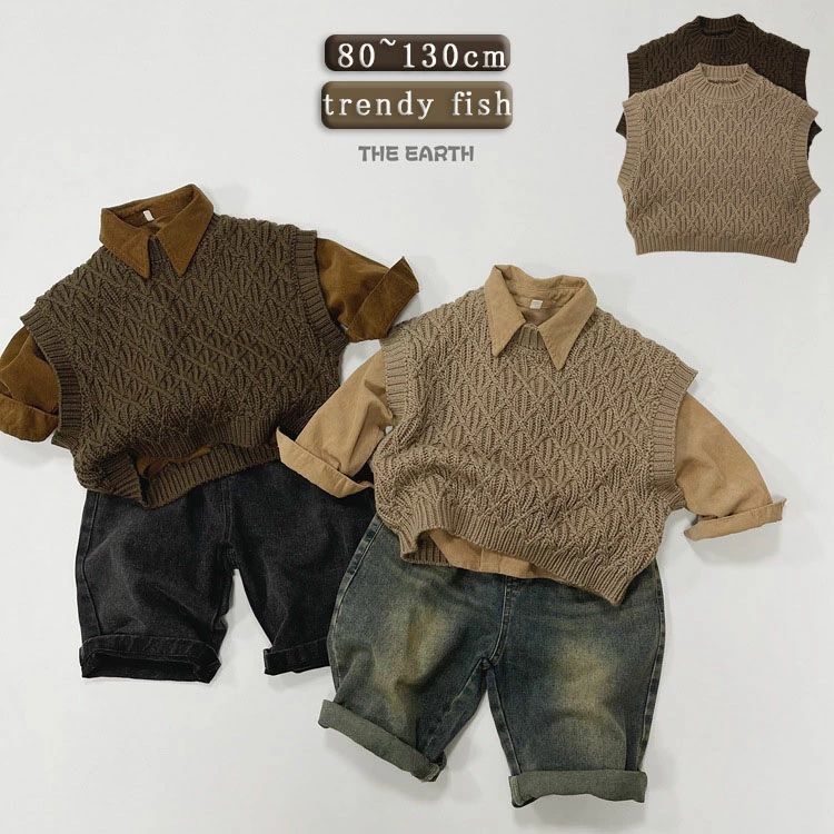 防寒 アウター ベスト ニット セーター コート ジャケット キッズ プルオーバー 無地 上着 上衣 トップス ニットセーター 秋 冬 秋冬 防風 通学 韓国 おしゃれ アウトドア お出かけ 厚手 外套 ブラウン カジュアル
