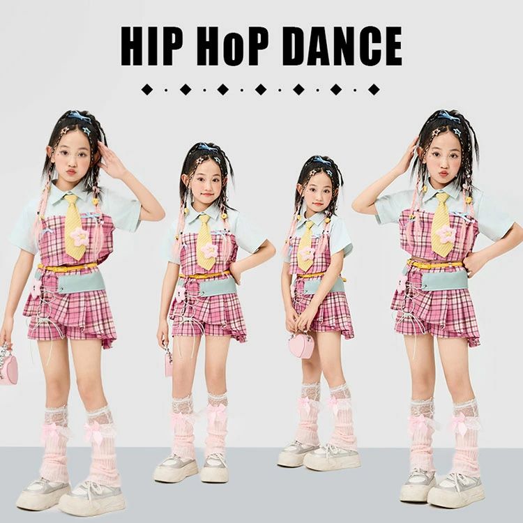 【クーポンで10％オフ】ピンク グリーン キッズダンス衣装 セットアップ ヒップホップ シャツ スカート チェック柄 子供服 hiphop 女の子 ギャル ダンスウェア 可愛い 原宿系 発表会 演出服 練習服 応援団 個性 団体服 派手 かっこいい おしゃれ 110-180cm