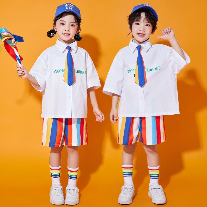 キッズ ダンス衣装 セットアップ 白 ホワイト シャツ ネクタイ付き 虹柄 ハーフパンツ ショートパンツ 女の子 男の子 おしゃれ ゆったり チアダンス チアガール ヒップホップ ロックダンス 合唱団 演出服 練習着 団体服 応援団 個性派 幼稚園 保育園 運動会 3