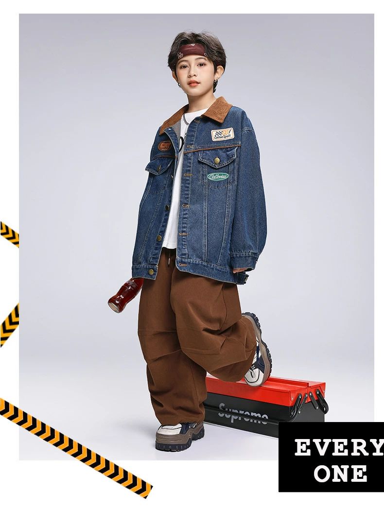 ジーンズジャケット ストライプシャツ 茶色 長ズボン スポーティー 野球キッズ ダンス衣装 セットアップ ヒップホップ 子供服 トップス スカート かわいい チアダンス ダンスウエア ステージ衣装 ジャズダンス k-pop jazz 舞台服 演出服 発表会 団体服 応援団