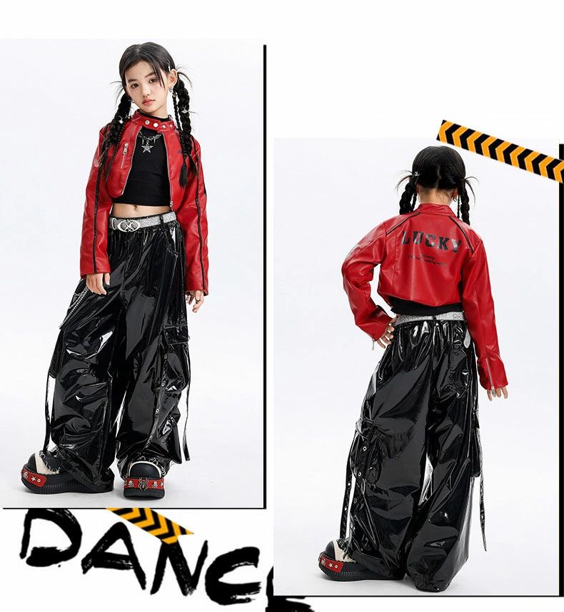 ガールズ レザー パンツ ジャケット ヘソ出し 光沢 キッズ ダンス衣装 セットアッ...