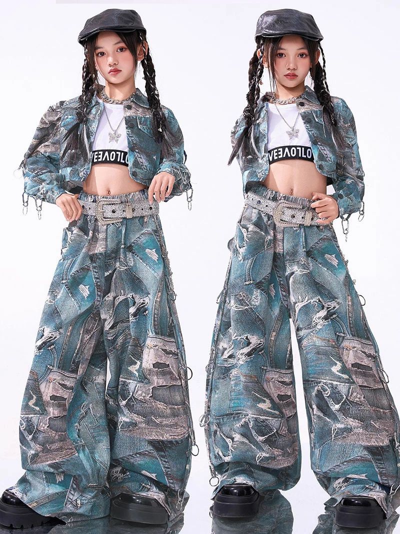 総柄 ジャケット へそ出し 柄パンツ ダンス衣装 キッズ セットアップ 韓国 子供ダンス 女の子 青 ジャケット タンクトップ ヘソ出し パンツ ロング丈 子供服 カジュアル ヒップホップ チアガール ダンス 発表会 カジュアル レッスン 練習着 応援 団体服 ジュニア かっこいい