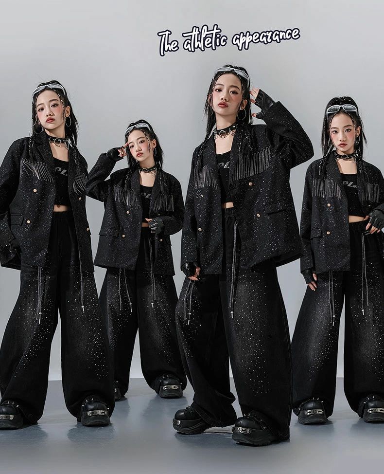 キッズ ダンス衣装 黒 ヒップホップ キラキラ ダンス衣装 セットアップ ジャケット パンツ タンクトップ 子供ダンス 黒パンツ 黒 長袖 セットアップ 女の子 男の子 k-pop 衣装 ジャズダンス 韓国 ファション HIPHOP 子ども服 jazz ダンスアウター 演出服 レッスン着 ブラック 2