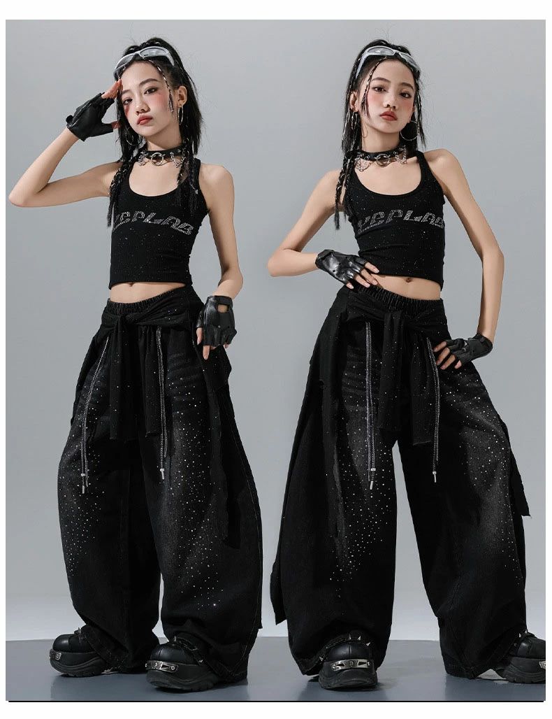 キッズ ダンス衣装 黒 ヒップホップ キラキラ ダンス衣装 セットアップ ジャケット パンツ タンクトップ 子供ダンス 黒パンツ 黒 長袖 セットアップ 女の子 男の子 k-pop 衣装 ジャズダンス 韓国 ファション HIPHOP 子ども服 jazz ダンスアウター 演出服 レッスン着 ブラック 3