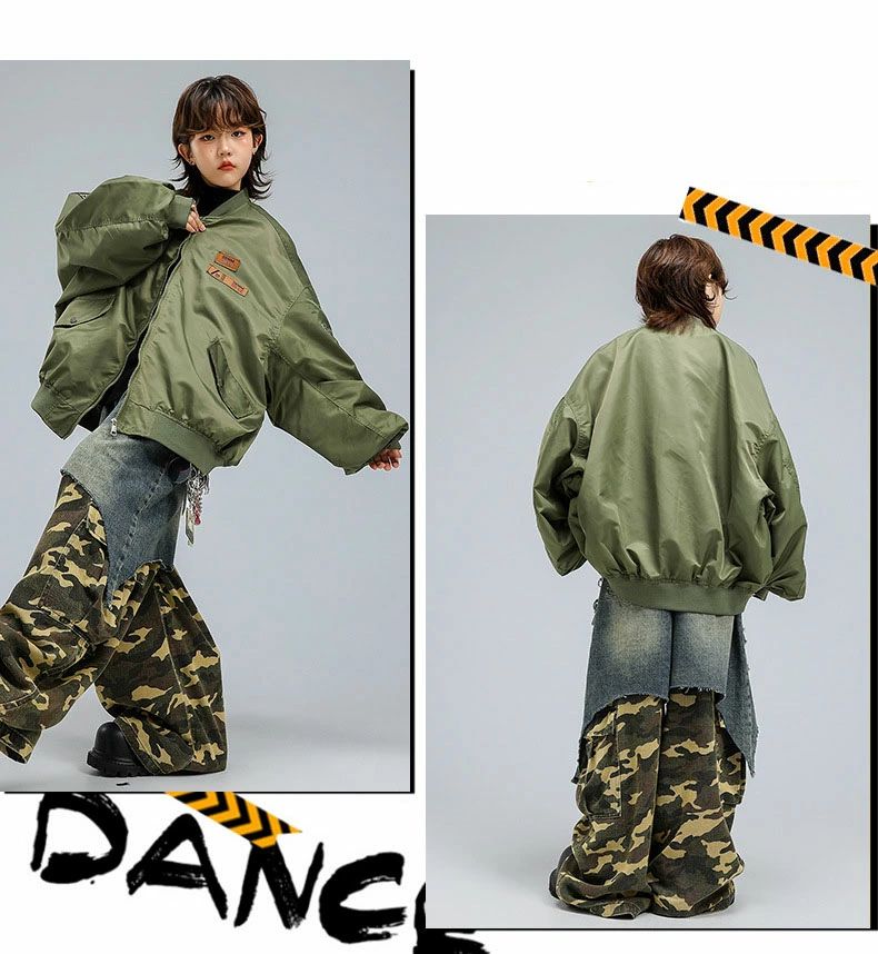 カーキグリーン 迷彩 デニム パンツ ブルゾン 派手 キッズ ダンス衣装 セットアップ 子供服 ジャケット 長袖 異素材 カーゴパンツ キッズダンス 練習着 ボーイズ ヒップホップ ギャル 衣装 男女 子供 かっこいい ダンス 練習着 キッズ セットアップ スタジャン ロンパン