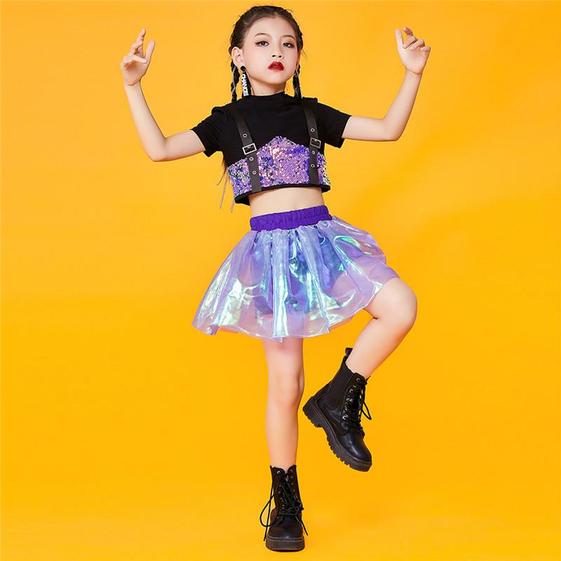【クーポンで10％オフ】チアガール 女の子 へそ出し スパンコール ダンス衣装 セットアップ ブラック パープル 女の子 スカート ヒップホップ ジャズダンス 体操服 演出服 jazz ダンスウェア ガールズ チアリーダー チア キッズダンス ステージ衣装 120 130 140 150 160 170 3