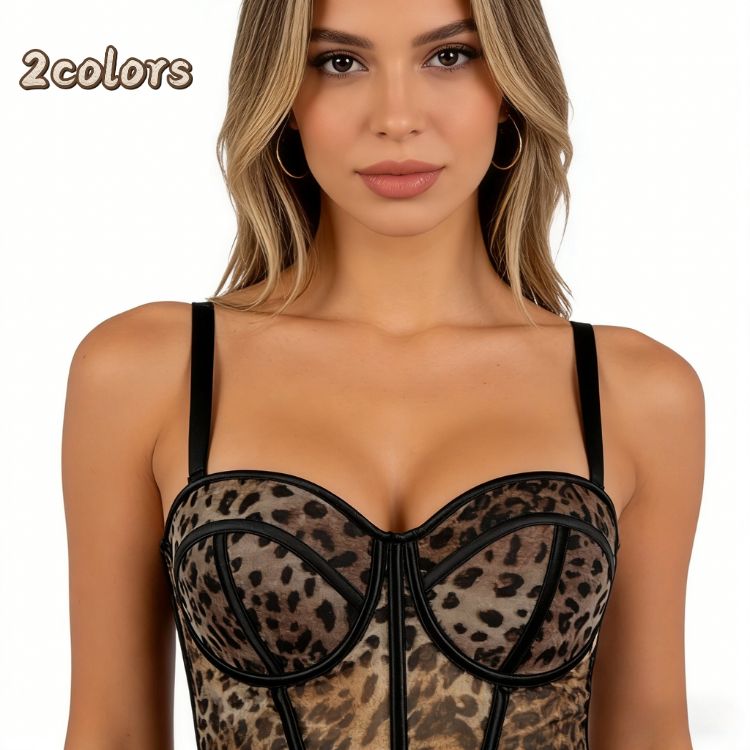 新作 レオパード柄 コルセット レース ビスチェコスチューム セクシー ボーンコルセット ネットレース 透け感トップス 大人 高級感 女性 着痩せ 胸パッド付き 通気性抜群 ブラ レディース ファッション トップス おしゃれ