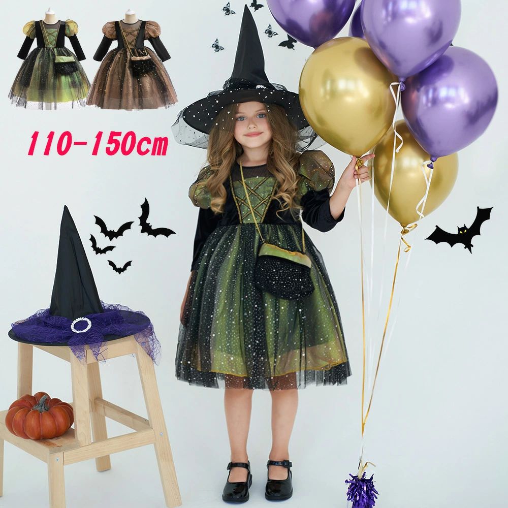 Other - ハロウィン 衣装 子供 コスプレ 2点セット 魔女 魔法少女 魔法使い 精霊 妖精 女の子 長袖 ワンピース ドレス 膝丈 バッグ付き グリーン ブラウン 子供 変装 コスチューム 子供 イベントグッズ 仮装 お化け 変装 演出服 舞台服 文化祭 cos