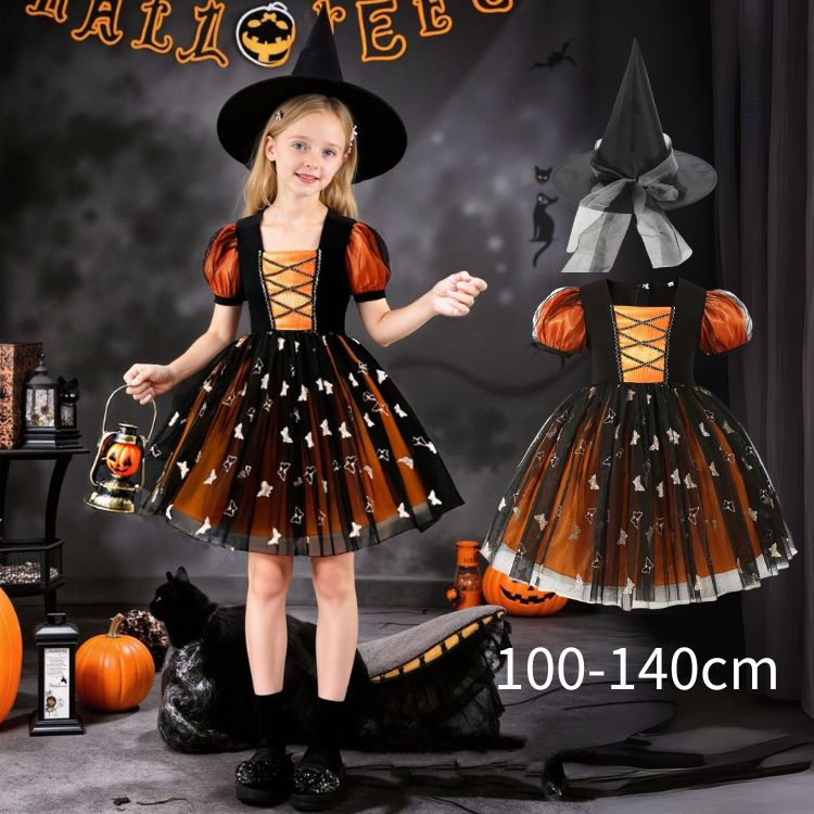 キッズ ハロウィン クリスマス 魔女 子供 衣装 ゴシック 魔女 帽子 2点セット 巫女 天使 こども バンパイア コスチューム ドレス コスプレ 女の子ドレス ワンピース コスプレ 仮装 変装 パーティー パッチ 120 130 140 110cm イベント 可愛い 独特的 ユニークの商品画像