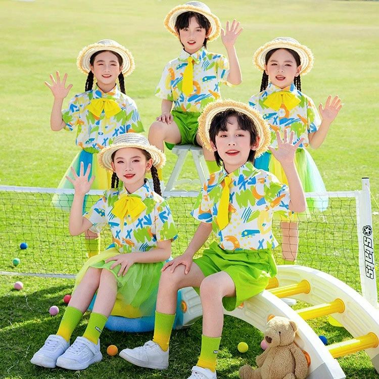 Rakuten - グリーン 花柄シャツ チアガール キッズ ダンス衣装 子供服 可愛い 半袖 シャツ メッシュスカート 短パン ショーツ ミニスカート 女の子 男の子 HIPHOP JAZZ 幼稚園 応援団 発表会 舞台服 個性派 演出服 練習着 団体服 合唱団 派手 ステージ衣装 夏用 100-180cm