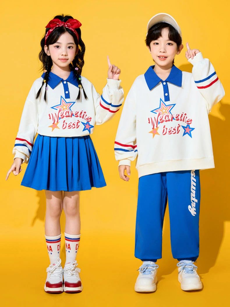 クレオパトラセレクトの白 青 ポロシャツ 星柄 ガールズ ボーイズ キッズ ダンス衣装 ヒップホップ ジャズ トップス 長袖 長ズボン スカート スウェット スポーツ 舞台 演出服 子供 ダンスウェア 男の子 女の子 お揃い ステージ衣装 応援団 HIPHOP 練習着 発表会 応援団 人気 おしゃれ カジュアル｜アングル3