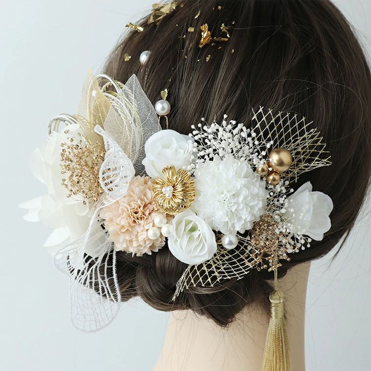 和風レースドライフラワーかんざしセット レトロロリータ 和装メイク 撮影用 つまみ細工 ヘアアクセサリー 七五三 成人式 ブライダル