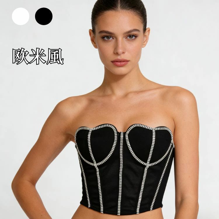 欧米風 コルセット スパンコール チューブトップ ボーンコル ファッション ボーンコルセット トップス ノースリーブ インナー シンプル 無地 着痩せ 効果 ボディシェイプ 肌触り 良い ブラック / ホワイト 女性 ギャル レディース
