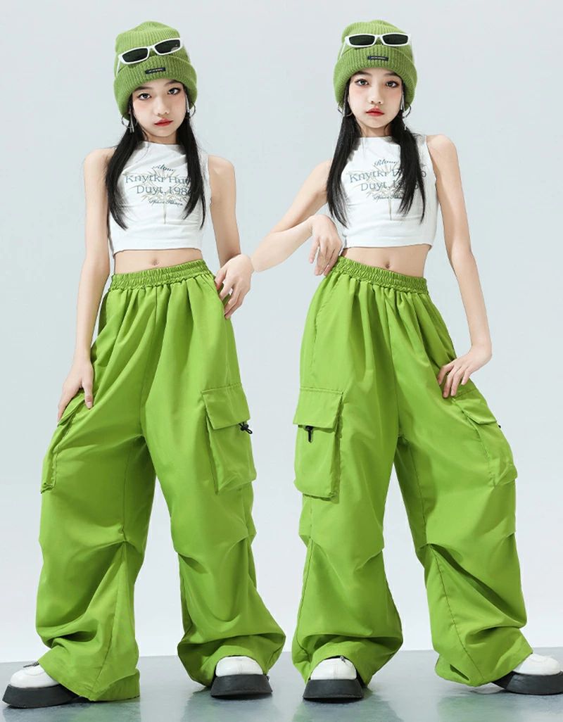 キッズ ダンス衣装 単品 セットアップ 女の子 へそ出し タンクトップ ショットシャツ チビシャツ カーゴパンツ ホワイト グリーン ロング丈 練習着 レッスン着 習い服 カッコイイ ダンスウエア ステージ衣装 ジャズダンス 韓国k-pop jazz 舞台服 演出服 発表会 運動会