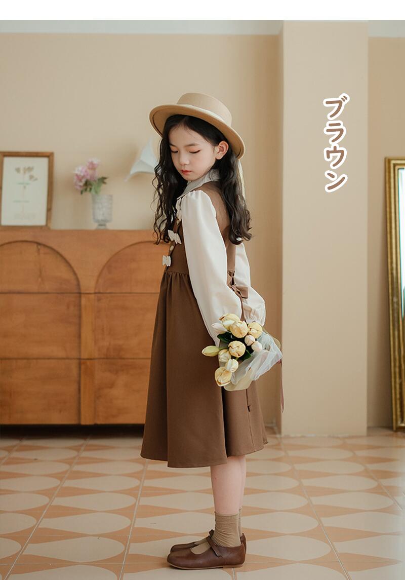 クレオパトラセレクトの子供 ワンピース 黒 ブラウン 女の子 キッズ 卒業式 フォーマル 入学式 ロングスカート 裏起毛 長袖 無地 蝶結び フェイクレイヤード重ね着 洋服 中学受験 学校説明会 入学式 シンプル 中学 受験 発表会 演奏会 卒服 高校生 女子高生 中学生 記念撮影 韓国 ギフト｜アングル3