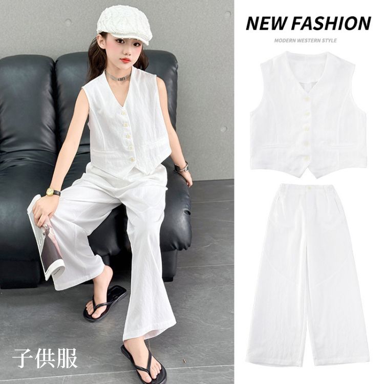 子供服 スーツセット キッズ 子供 ベスト パンツ ワイドパンツ 2点セット アイドル衣装 ホワイト 白 韓国子ども服 カジュアル かっこいい ゆったり レジャー 女の子 ギャル 七五三 大学生 高校生 通園 通学 可愛い おしゃれ 結婚式 誕生日 ギフト プレゼント 120-170cm