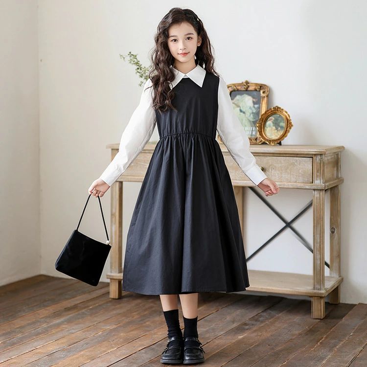 【クーポンで10％オフ】フォーマル ワンピース 女の子 秋 子供服 長袖 フォーマル 白襟 韓国風 重ね着風 スーツ セレモニー 服 チュニック 七五三 通園 通学 発表会 お祝 お出かけ 120 130 140 150 160 170 ブラック 黒