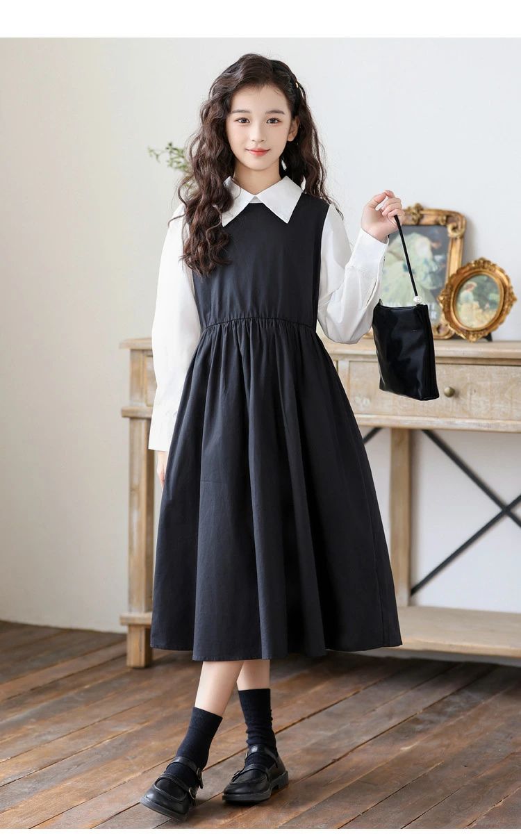 【クーポンで10％オフ】フォーマル ワンピース 女の子 秋 子供服 長袖 フォーマル 白襟 韓国風 重ね着風 スーツ セレモニー 服 チュニック 七五三 通園 通学 発表会 お祝 お出かけ 120 130 140 150 160 170 ブラック 黒