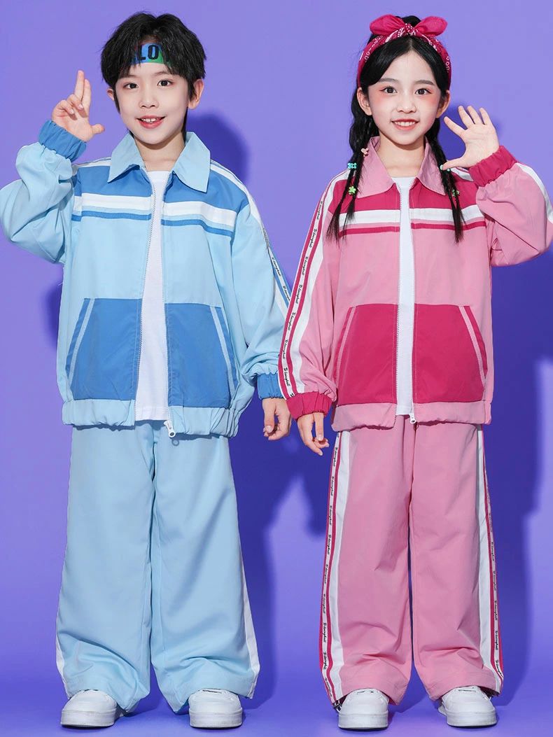 キッズ ダンス衣装 セットアップ ピンク ブルー 子供服 ジャケット パンツ 青 上下セット スタジャン カジュアル トップス ロングパンツ スウェットパンツ サルエルパンツ ヒップホップ ポッピング 韓国 K-POP 練習着 男の子 女の子 かっこいい ストリート系 おしゃれ
