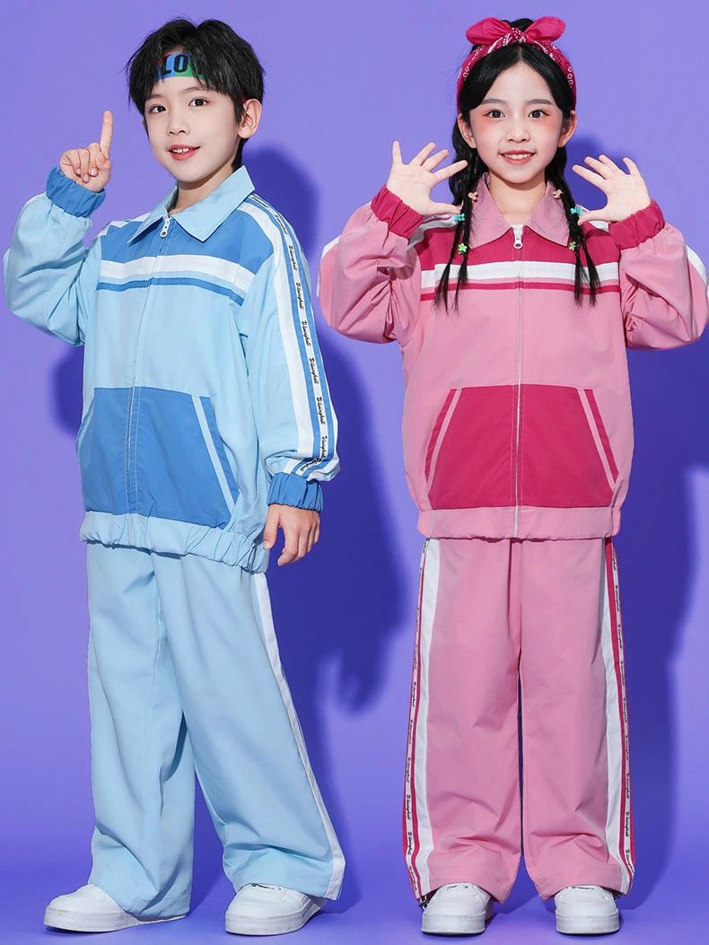 キッズ ダンス衣装 セットアップ ピンク ブルー 子供服 ジャケット パンツ 青 上下セット スタジャン カジュアル トップス ロングパンツ スウェットパンツ サルエルパンツ ヒップホップ ポッピング 韓国 K-POP 練習着 男の子 女の子 かっこいい ストリート系 おしゃれ
