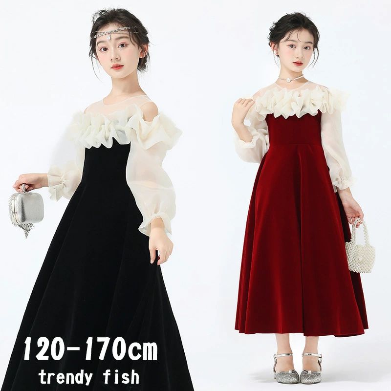 【クーポンで10％オフ】子供 ロングドレス キッズ ドレス 長袖 ロング丈 Aライン ふんわり キッズ 子どもドレス ピアノ発表会 演奏会 結婚式 リングガール フォーマル 七五三 ジュニアドレス ブラック ワイン 子どもドレス 可愛い フォーマルドレス110 120 130 140 150 160