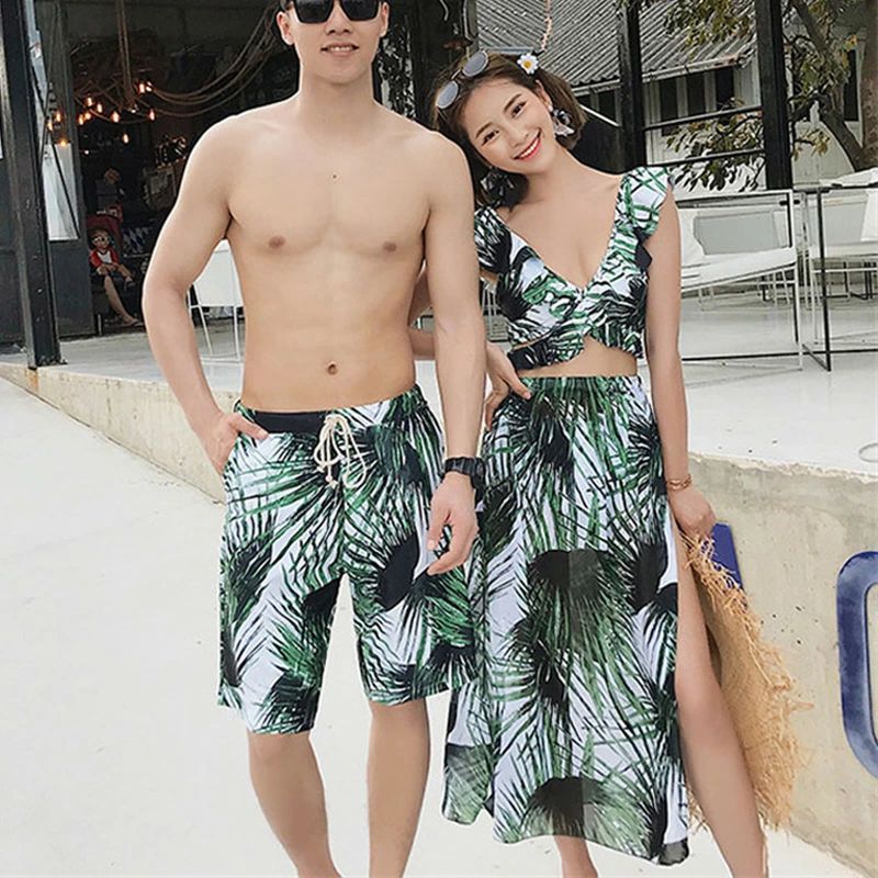 カップル値段 ペア 水着 ペアルック カップル 水着 4点セット レディース メンズ タンキニ 花柄 スカート付き メンズ 水着 男性用 ビーチパンツ サーフパンツ みずぎ mizugi ミズギ 水着 グリーン ホワイト 男女 温泉 ハネムーン 蜜月 海外旅行 新婚旅行