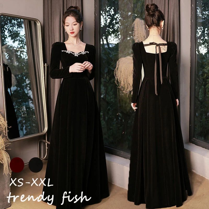 ウェディングドレス風 ワンピース 長袖 ロングドレス イブニングドレス 黒 大きいサイズ カラードレス パーティードレス 発表会 ロング Aライン 結婚式 二次会 ドレス 赤 格安 演奏会 ピアノ セレモニー 20/30/40/50代 おしゃれ ベロア ベルベット ラインストーン 成人式(4.0)