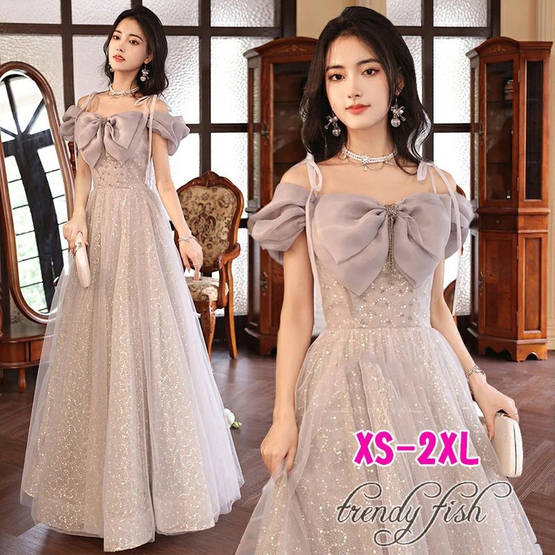 カラードレス イブニングドレス パーティードレス ウエディングドレス ロングドレス グレー ドレス キラキラ ピアノ 発表会 花嫁 演奏会 司会者 ドレス オフショルダー イベント用 フォーマル 結婚式 披露宴 コンサート 前撮り 後撮り ブライダル wedding dress