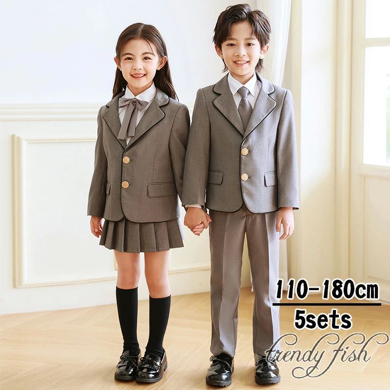 Suits, Tuxedos （Boys） - 入学式 卒業式 スーツ 女の子 男の子 5点セット グレー 小学生 子供服 中学生 高校生 大きいサイズ スカート 女の子 リボン エンブレム フォーマルスーツ 卒服 ジュニアスーツ フォーマル 卒業式服 お受験 発表会 100 110 120 130 140 150 160 170 180 送料無料