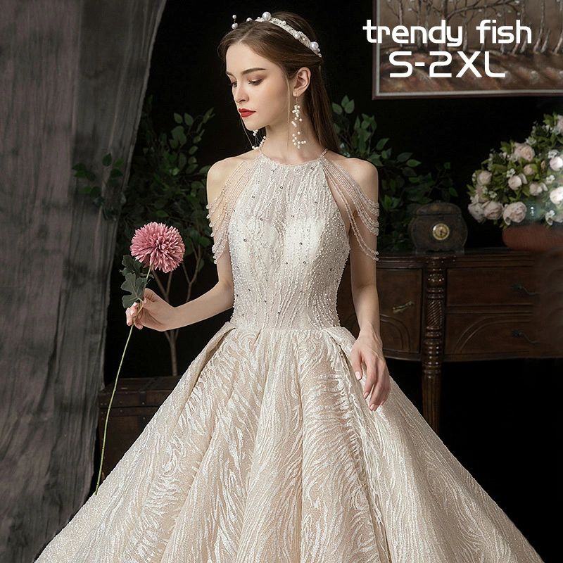 花嫁 ウエディングドレス ウェディングドレス 二次会ドレス 編み上げ トレーン aライン ハイネック 結婚式 披露宴 二次会 イベント 演..